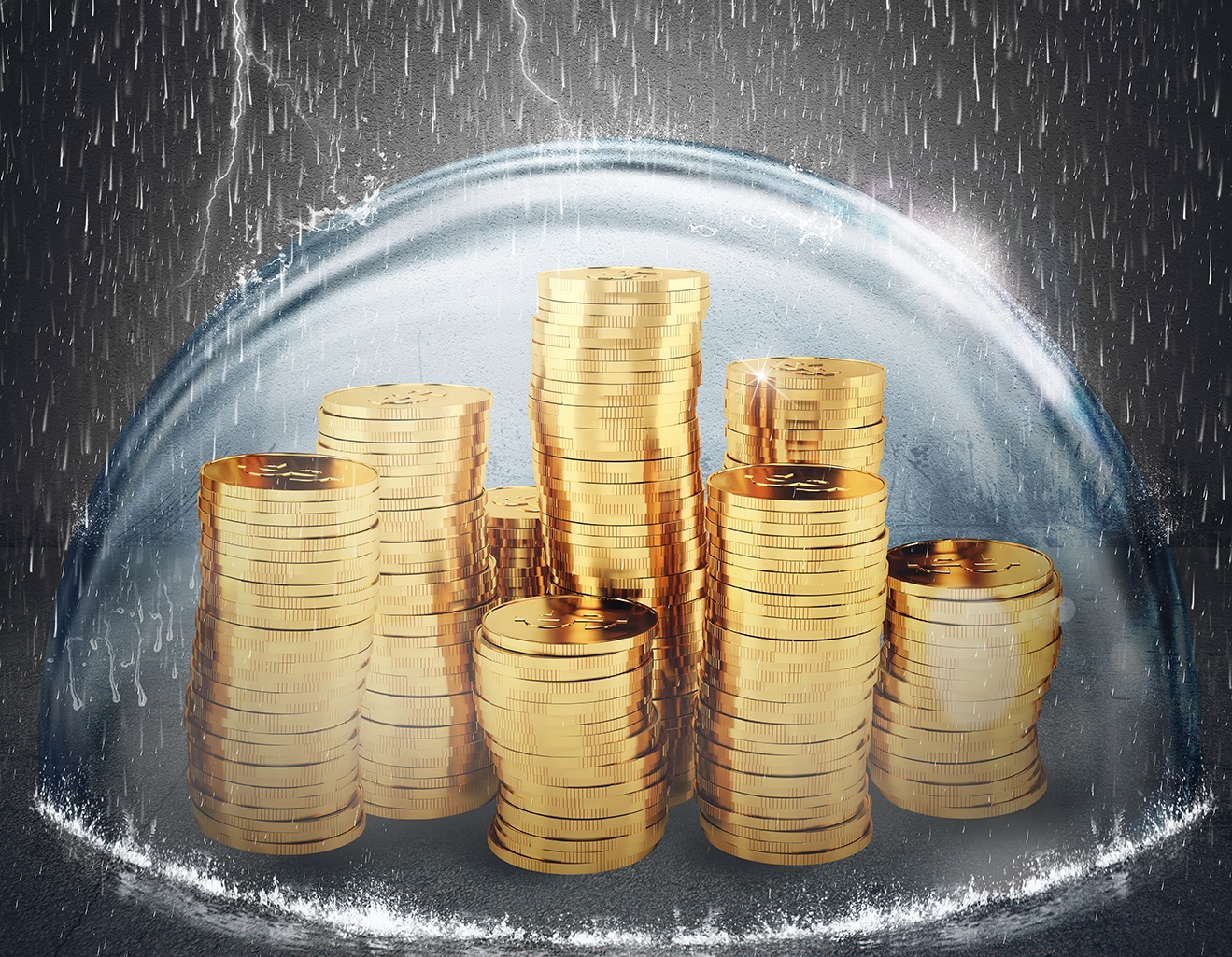 Coins safely inside a sphere during a storm. 3D Rendering