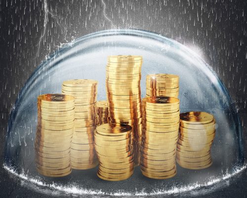 Coins safely inside a sphere during a storm. 3D Rendering