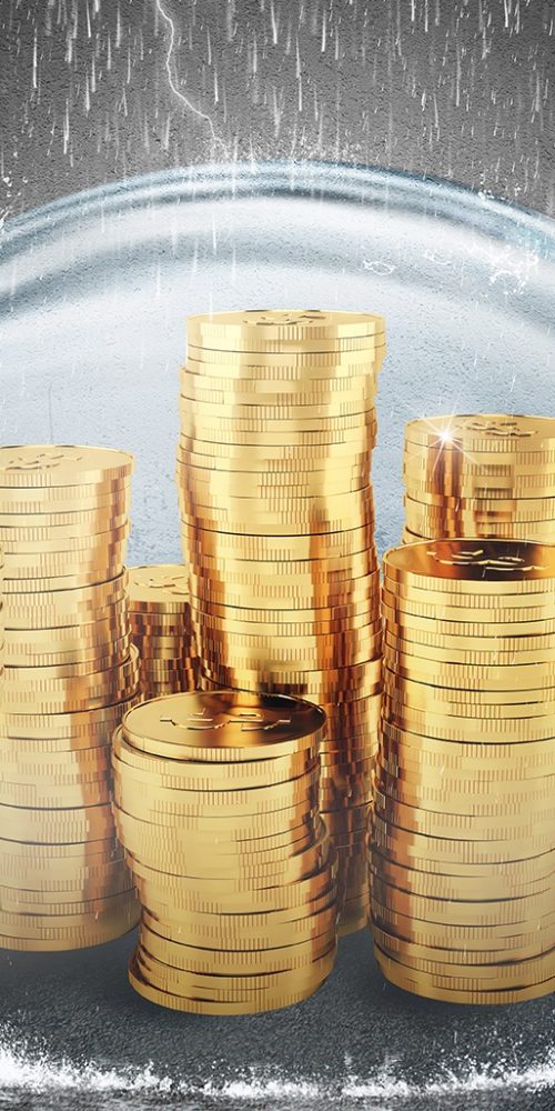 Coins safely inside a sphere during a storm. 3D Rendering